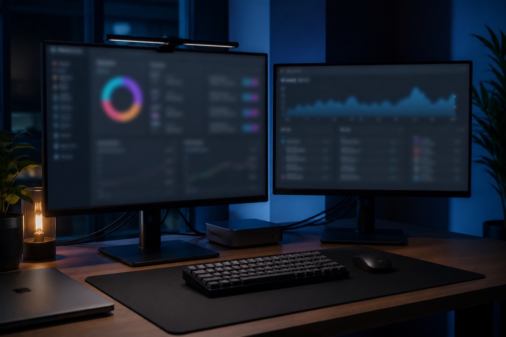 Business dashboards on a dual-monitor workstation